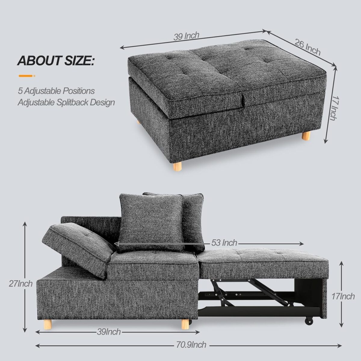 4-in-1 Convertible Sofas & Couches, 3-Seat Linen Fabric loveseat Sofa with 2 Throw Pillow