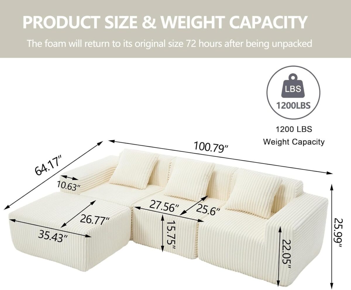 Minimalist Cloud Sectional Couch with L-Shape Chaise, Modular Sectional Sofa