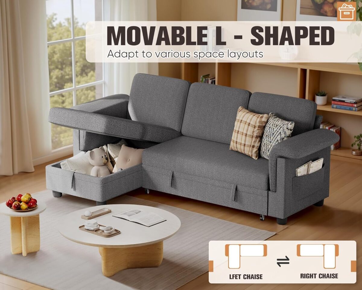 Homall Sleeper Sofa, Pull Out Sofa Couch Bed with Storage Reversible Chaise, L-Shaped Sofas with Side Pocket