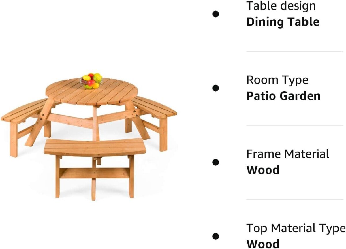 6-Person Circular Outdoor Wooden Picnic Table for Patio, Backyard, Garden, DIY w/ 3 Built-in Benches, 500lb Capacity