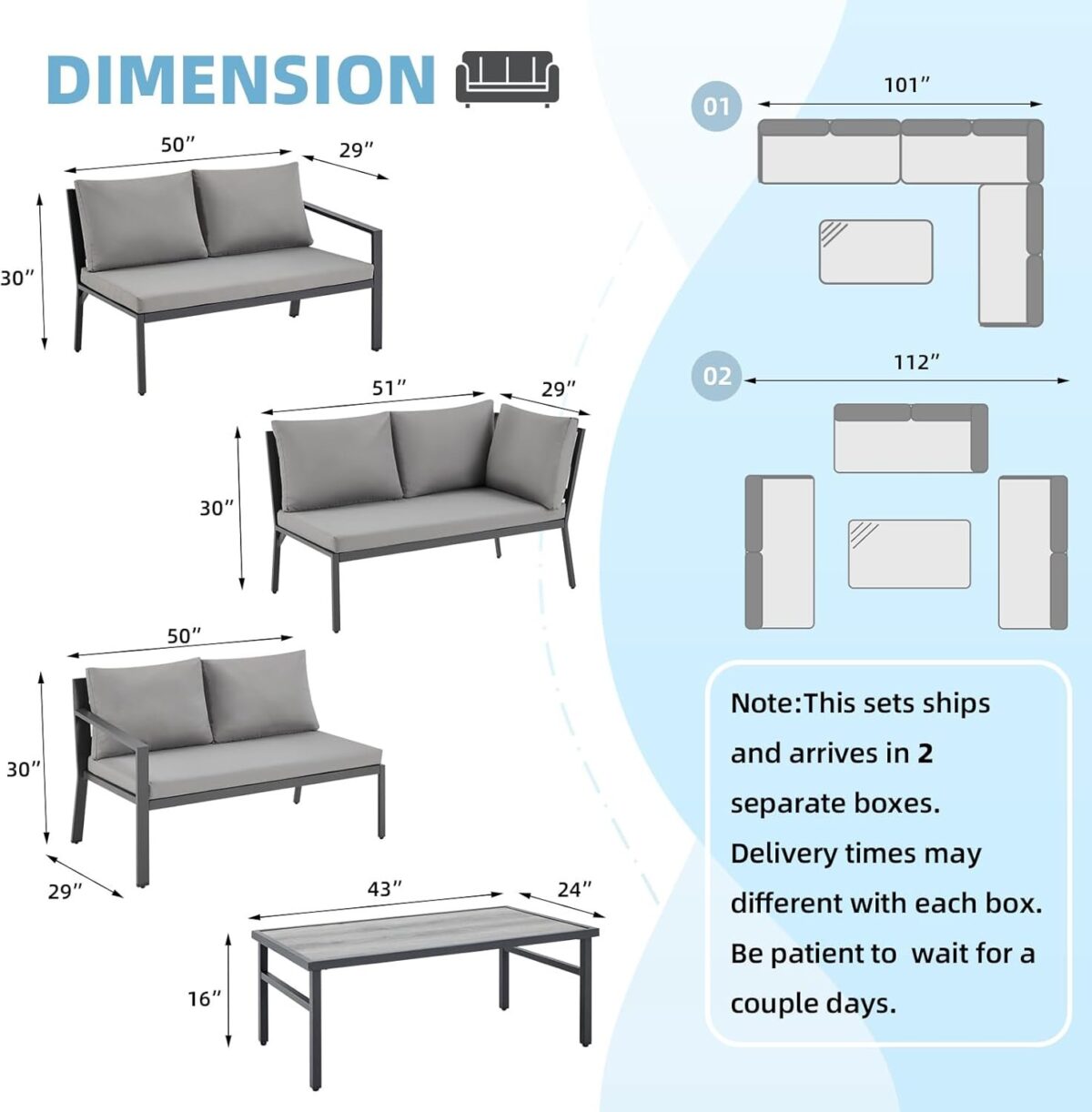 Modern Outdoor Furniture Sectional Sofa Couch Patio Conversation Sets Clearance withTable and Chair Sets for Lawn