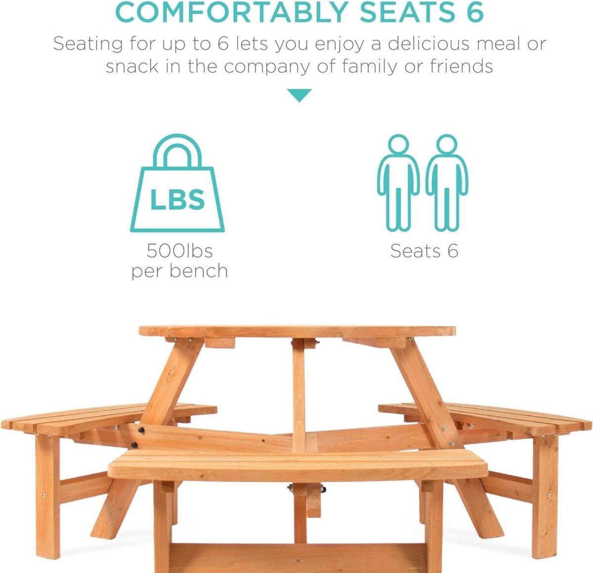 6-Person Circular Outdoor Wooden Picnic Table for Patio, Backyard, Garden, DIY w/ 3 Built-in Benches, 500lb Capacity