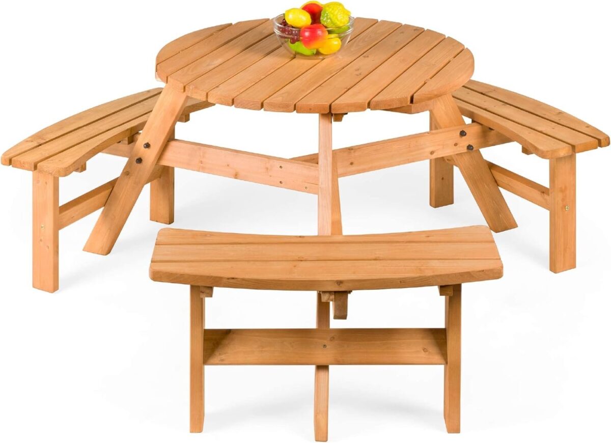 6-Person Circular Outdoor Wooden Picnic Table for Patio, Backyard, Garden, DIY w/ 3 Built-in Benches, 500lb Capacity