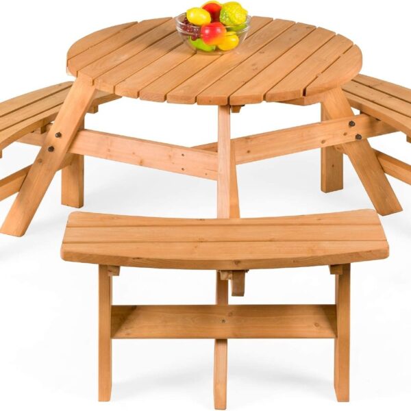 6-Person Circular Outdoor Wooden Picnic Table for Patio, Backyard, Garden, DIY w/ 3 Built-in Benches, 500lb Capacity