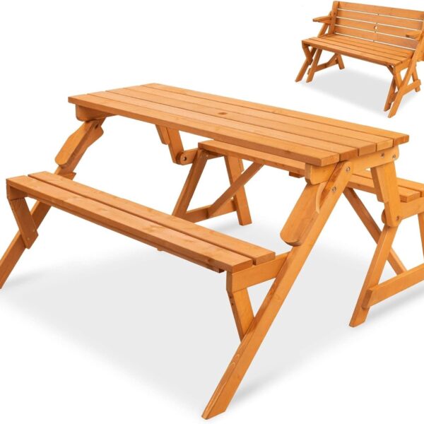 2-in-1 Transforming Interchangeable Outdoor Wooden Picnic Table Garden Bench for Backyard