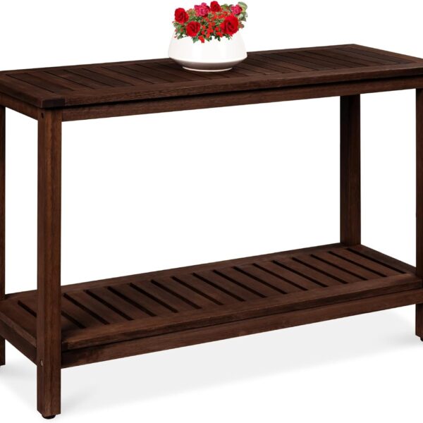 48in 2-Shelf Eucalyptus Wooden Console Table Indoor Outdoor Multifunctional Buffet Bar Storage Organizer