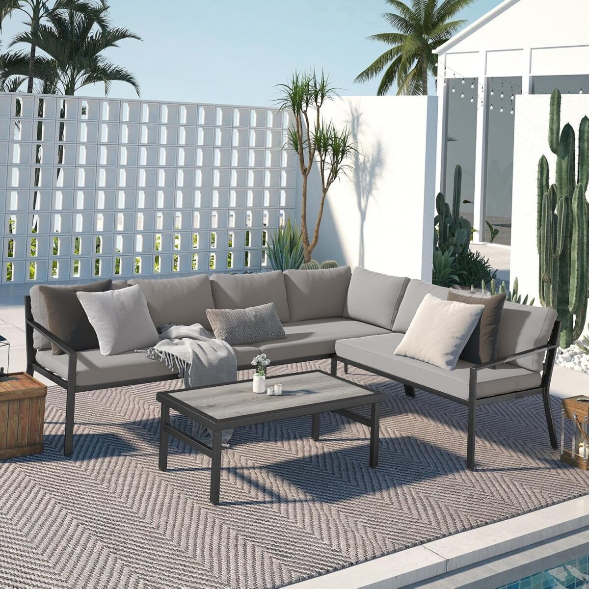 Modern Outdoor Furniture Sectional Sofa Couch Patio Conversation Sets Clearance withTable and Chair Sets for Lawn