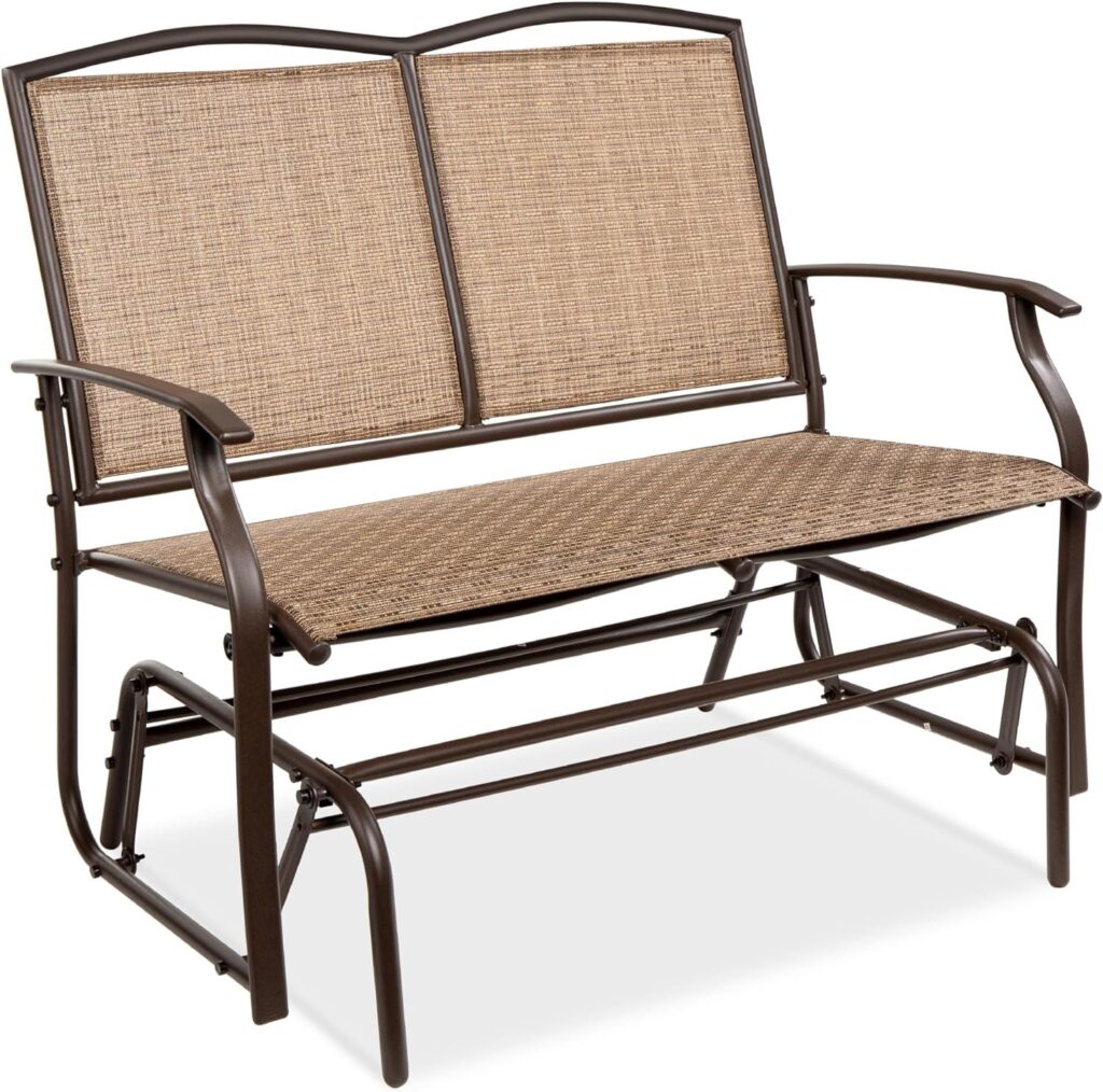 2-Person Outdoor Patio Swing Glider Steel Bench Loveseat Rocker for Deck, Porch w/Textilene Fabric, Steel Frame - Brown  Patio