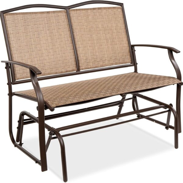 2-Person Outdoor Patio Swing Glider Steel Bench Loveseat Rocker for Deck, Porch w/Textilene Fabric, Steel Frame - Brown  Patio