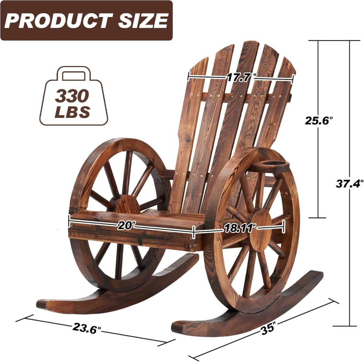 Wood Rocking Chair, Wagon Wheel Decor Armrest Yard Glider Rocking Patio Chair with Slatted Design, Adirondack Rocking Chair