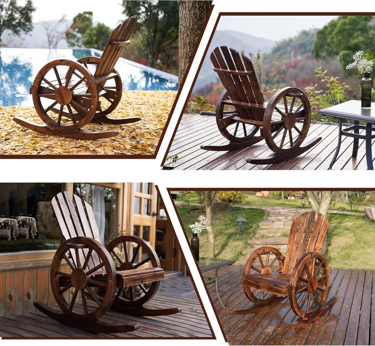 Wood Rocking Chair, Wagon Wheel Decor Armrest Yard Glider Rocking Patio Chair with Slatted Design, Adirondack Rocking Chair