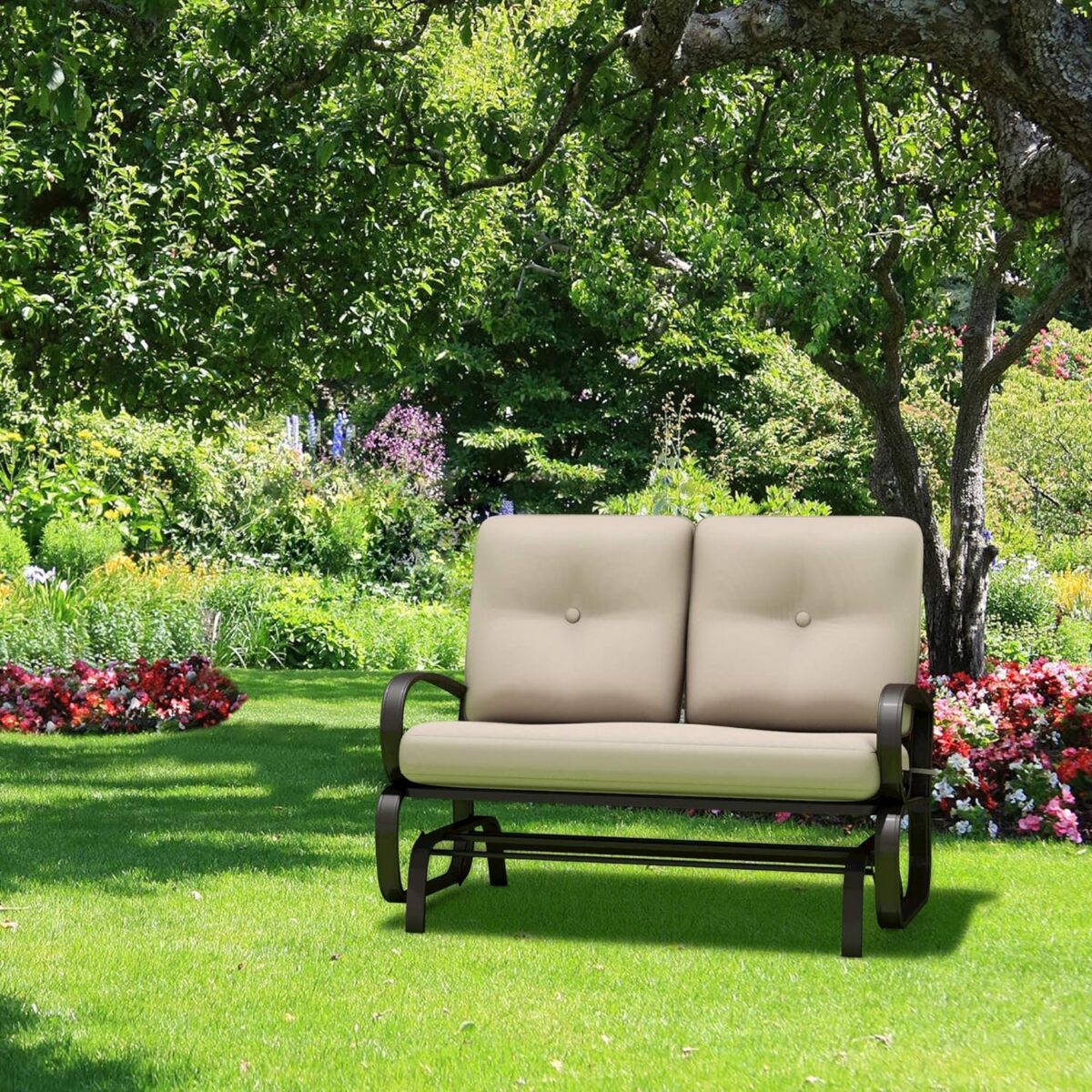 Outdoor Glider Bench, Patio 2 Person Loveseat with Removable Cushion, Thick Padded Seat, Stable Steel Frame