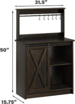 Farmhouse Coffee Bar Cabinet with Hutch, 50’’ Coffee Bar with Sliding Barn Door & 6 Hooks