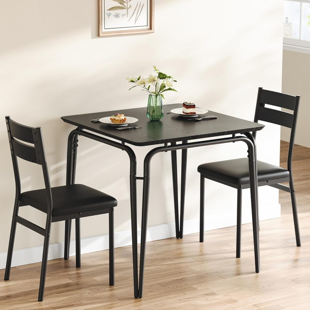 Dining Table for 2, Small Table and Chairs Set of 2, Square Dinette Set for 2, Dinner Table Set, 3 Piece