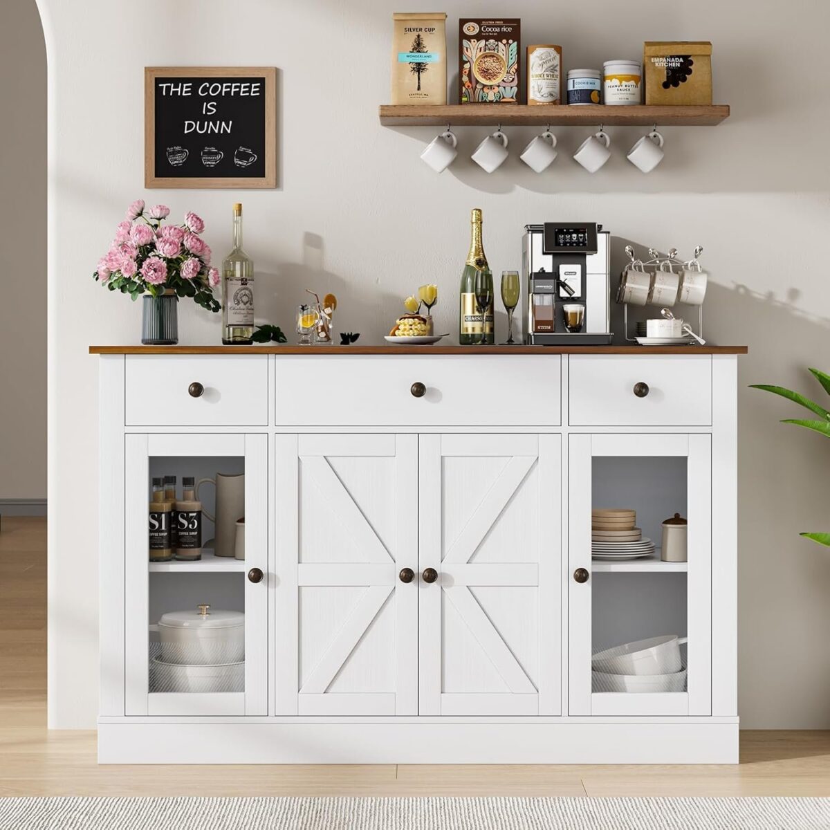 Buffet Cabinet with Storage, 55" Modern Kitchen Buffet Storage Cabinet with 3 Drawers & 4 Doors