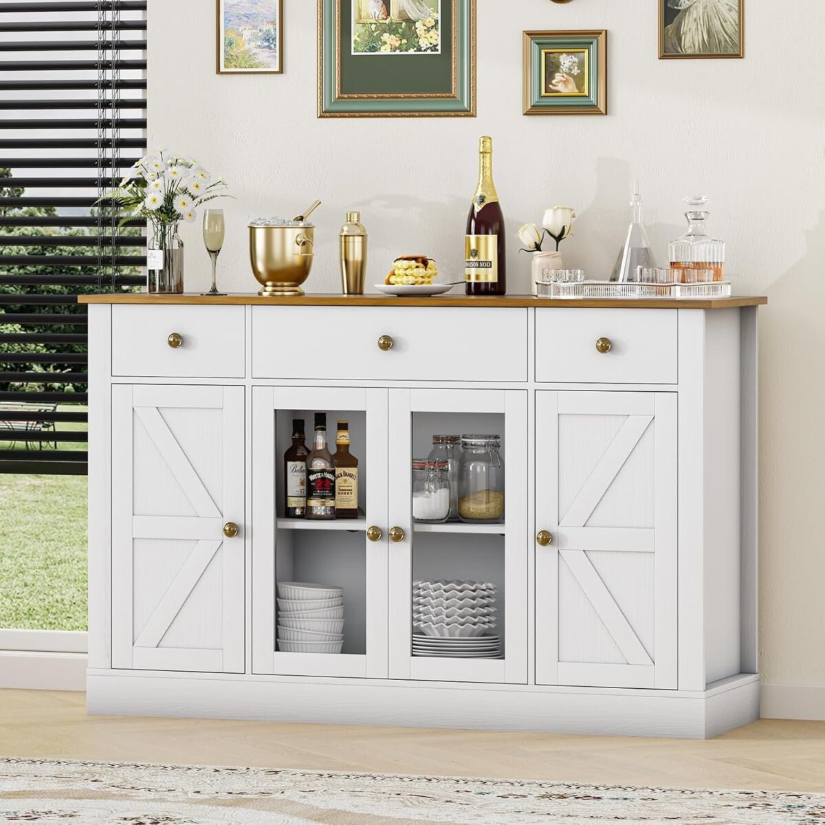 Buffet Cabinet with Storage, 55" Modern Kitchen Buffet Storage Cabinet with 3 Drawers & 4 Doors