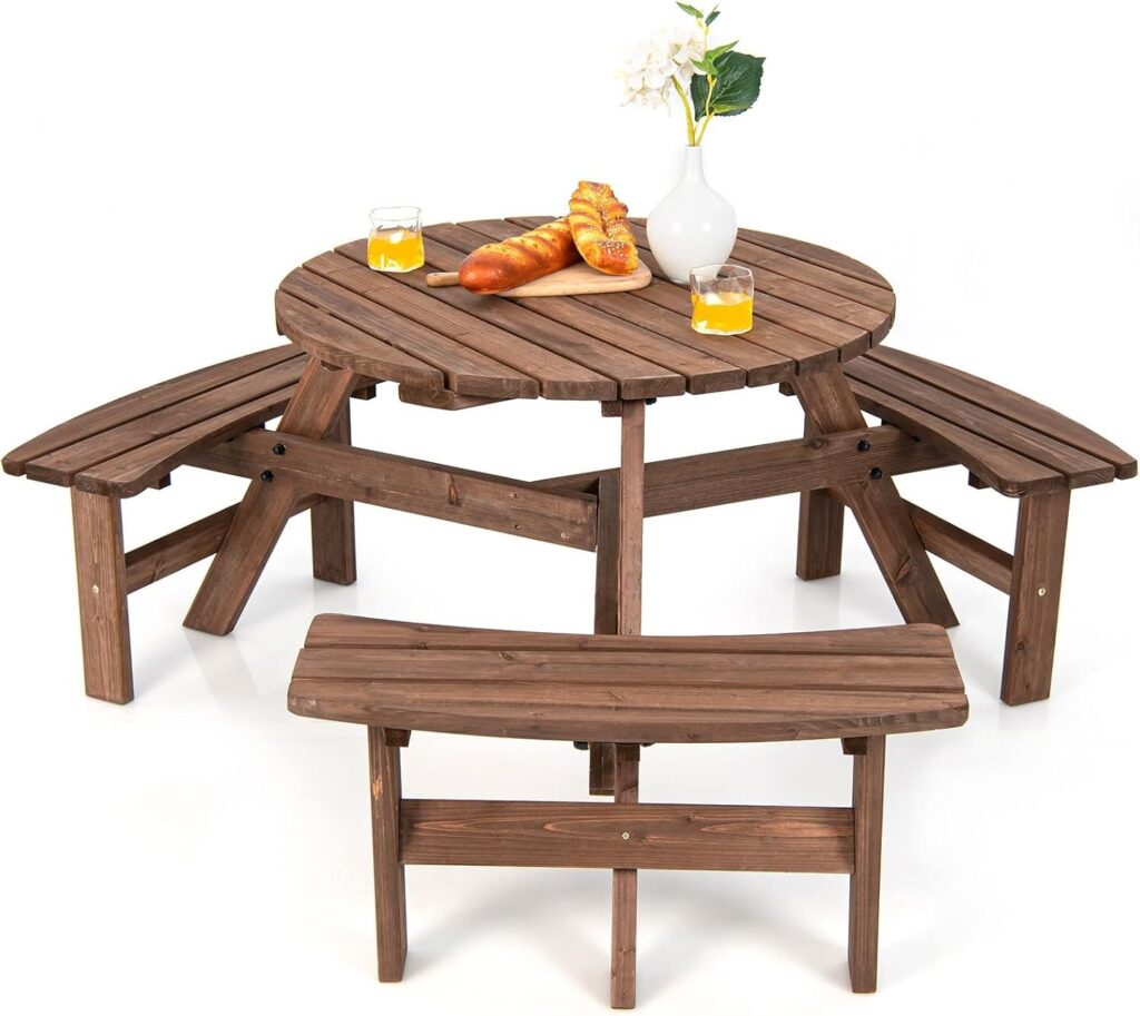 6 Person Wood Picnic Table, Outdoor Round Picnic Table with 3 Built-in Benches, Umbrella Hole