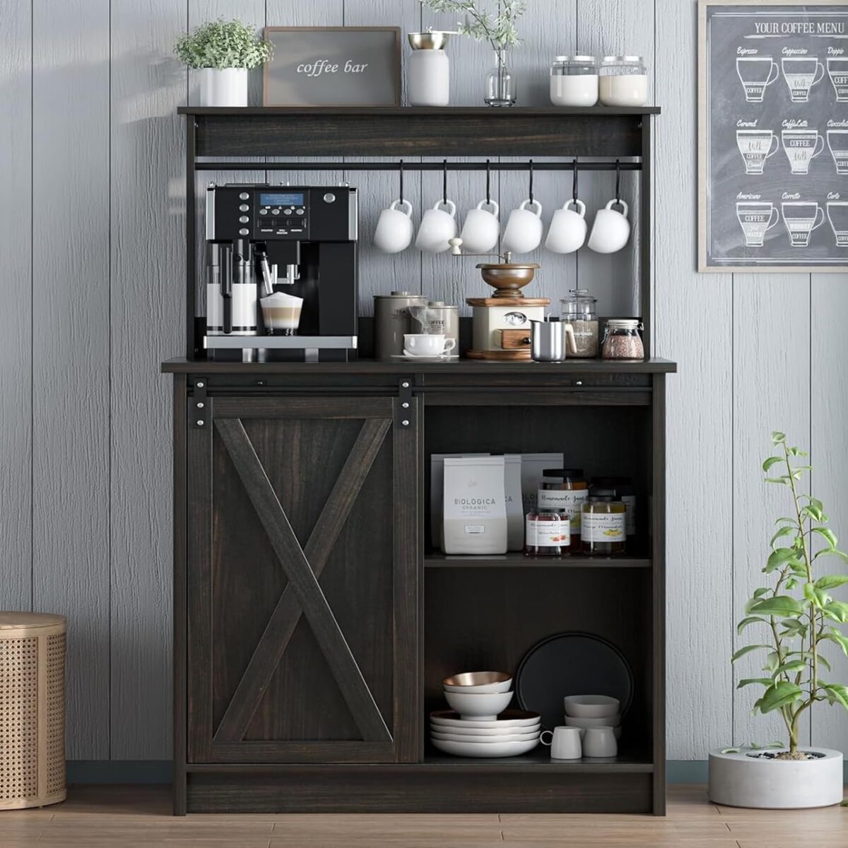 Farmhouse Coffee Bar Cabinet with Hutch, 50’’ Coffee Bar with Sliding Barn Door & 6 Hooks