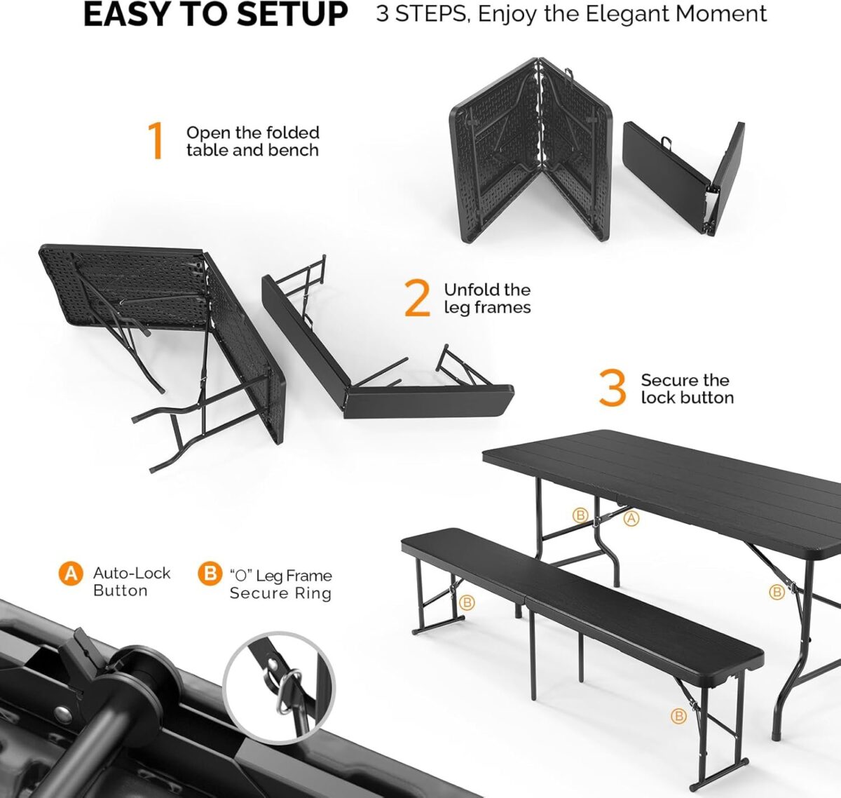 Picnic Table Set with 2 Benches, 6 Feet Camping Table Chair Set, 3-Piece Folding Furniture for Indoor or Outdoor Use
