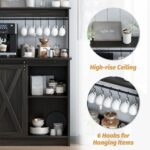 Farmhouse Coffee Bar Cabinet with Hutch, 50’’ Coffee Bar with Sliding Barn Door & 6 Hooks