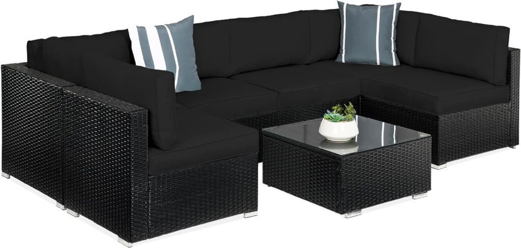 7-Piece Modular Outdoor Sectional Wicker Patio Conversation Set w/ 2 Pillows, Coffee Table, Cover Included