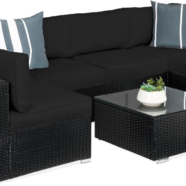 7-Piece Modular Outdoor Sectional Wicker Patio Conversation Set w/ 2 Pillows, Coffee Table, Cover Included