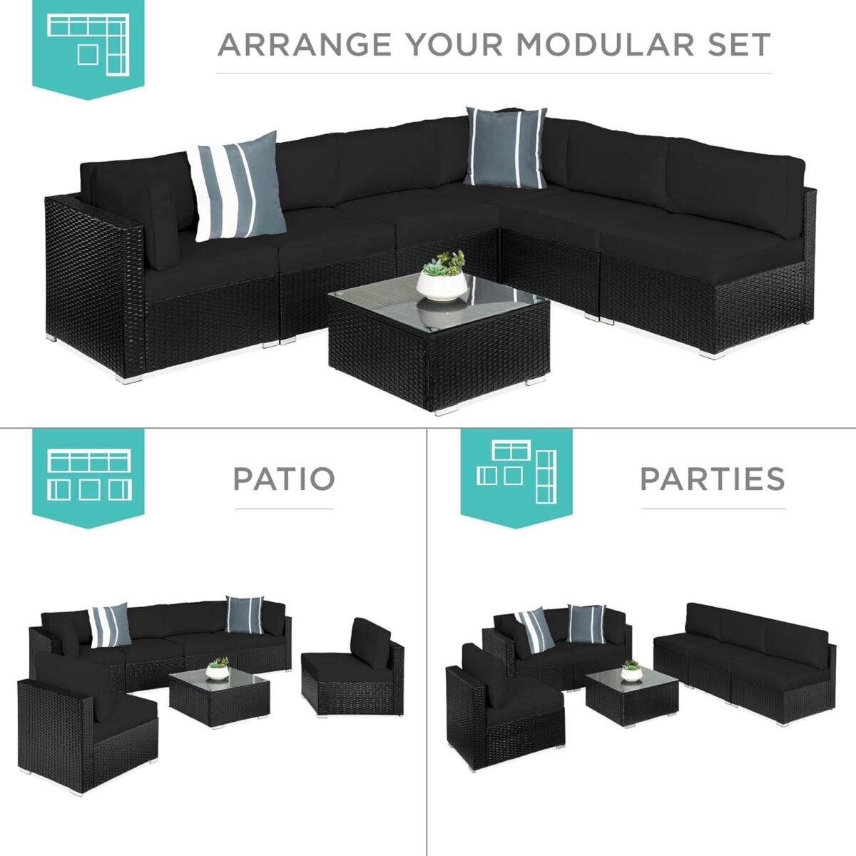 7-Piece Modular Outdoor Sectional Wicker Patio Conversation Set w/ 2 Pillows, Coffee Table, Cover Included