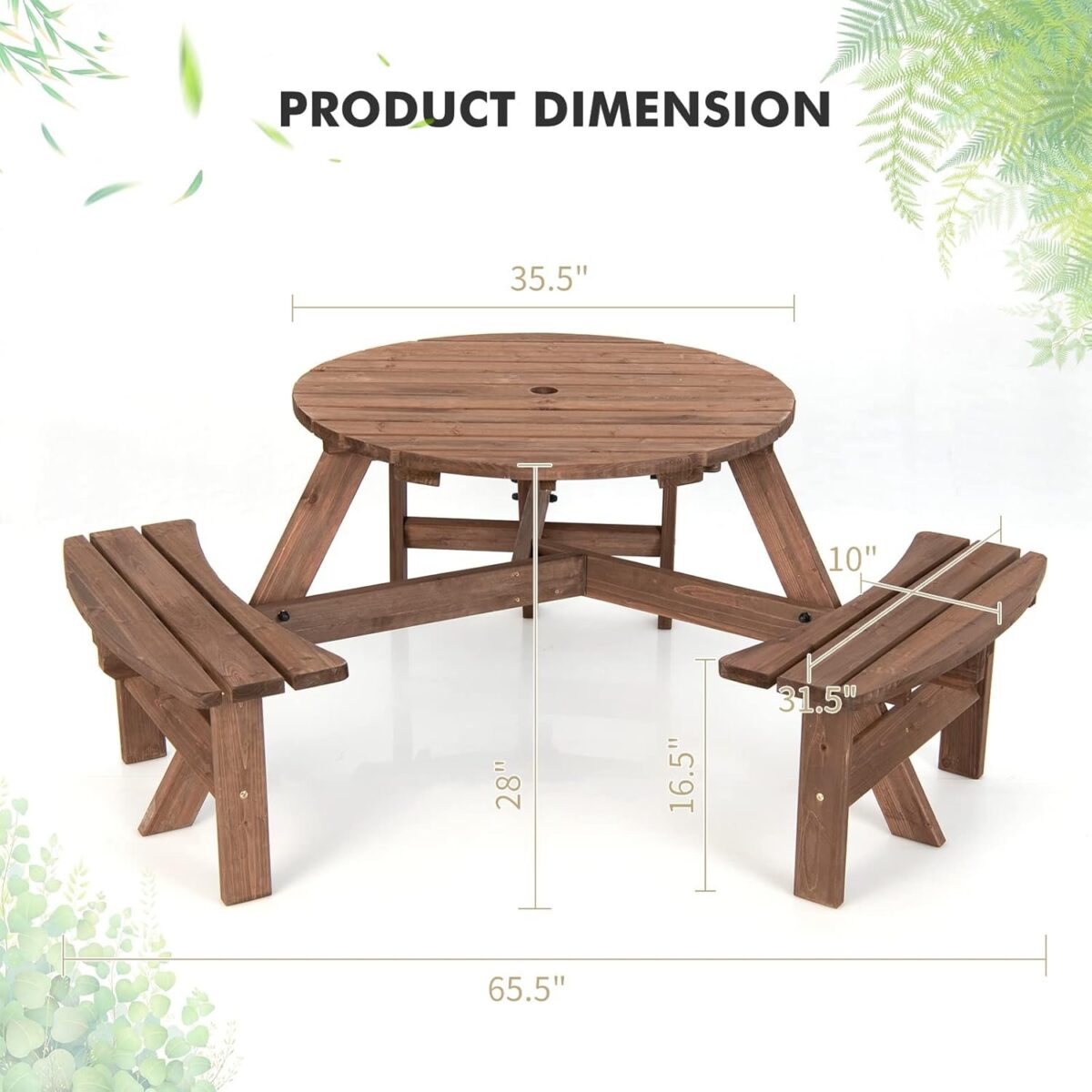 6 Person Wood Picnic Table, Outdoor Round Picnic Table with 3 Built-in Benches, Umbrella Hole