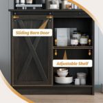 Farmhouse Coffee Bar Cabinet with Hutch, 50’’ Coffee Bar with Sliding Barn Door & 6 Hooks