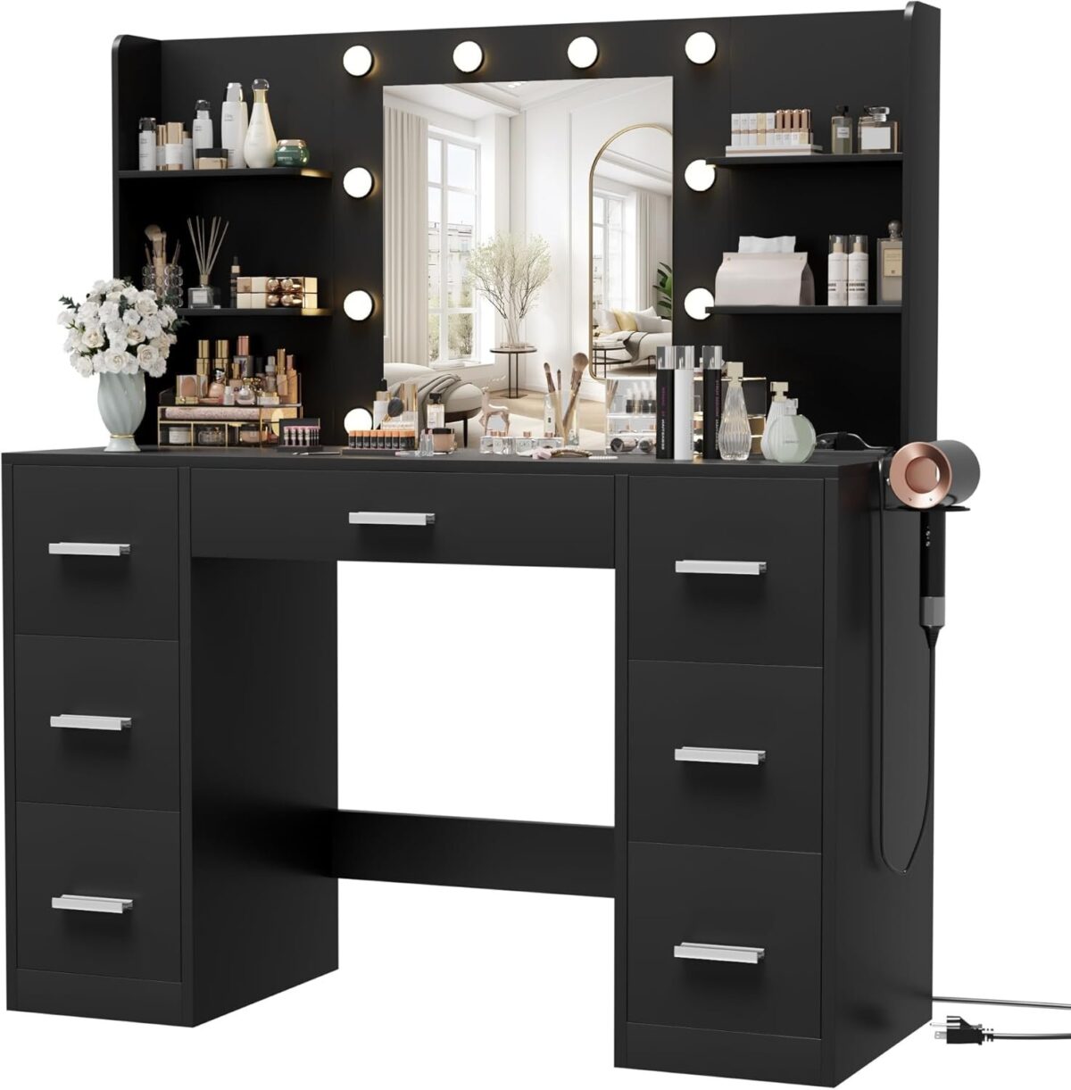 Desk with Mirror, LED Lights and Power Outlet Makeup Vanity Table with 7 Drawers and 6 Storage Shelves