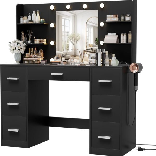 Desk with Mirror, LED Lights and Power Outlet Makeup Vanity Table with 7 Drawers and 6 Storage Shelves