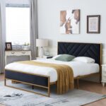 Full Metal Upholstered Bed with Geometric Headboard, Velvet Platform Bed with 10''