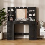 Desk with Mirror, LED Lights and Power Outlet Makeup Vanity Table with 7 Drawers and 6 Storage Shelves