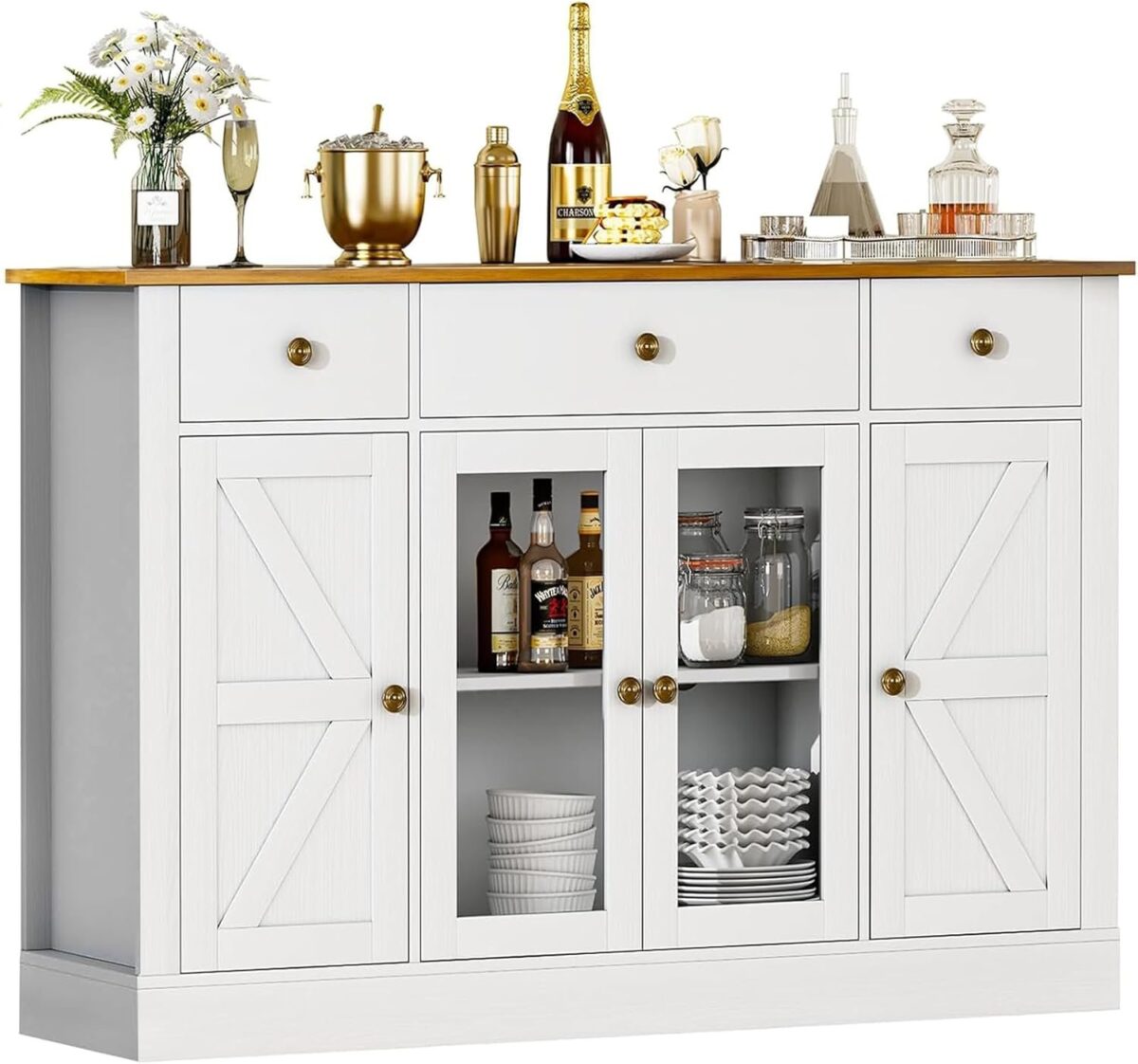 Buffet Cabinet with Storage, 55" Modern Kitchen Buffet Storage Cabinet with 3 Drawers & 4 Doors