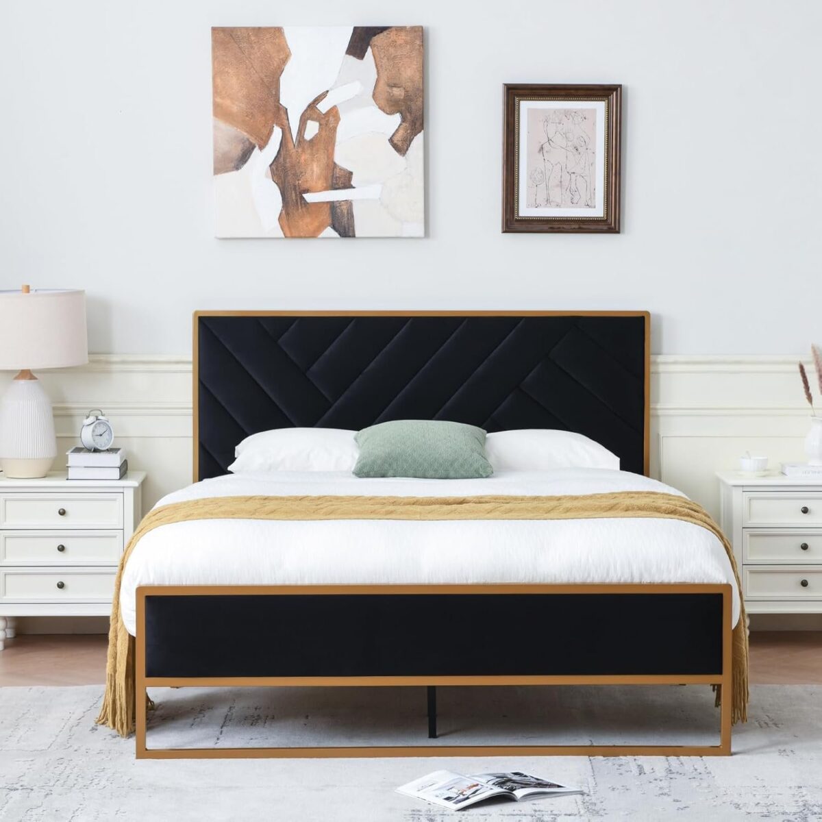 Full Metal Upholstered Bed with Geometric Headboard, Velvet Platform Bed with 10''