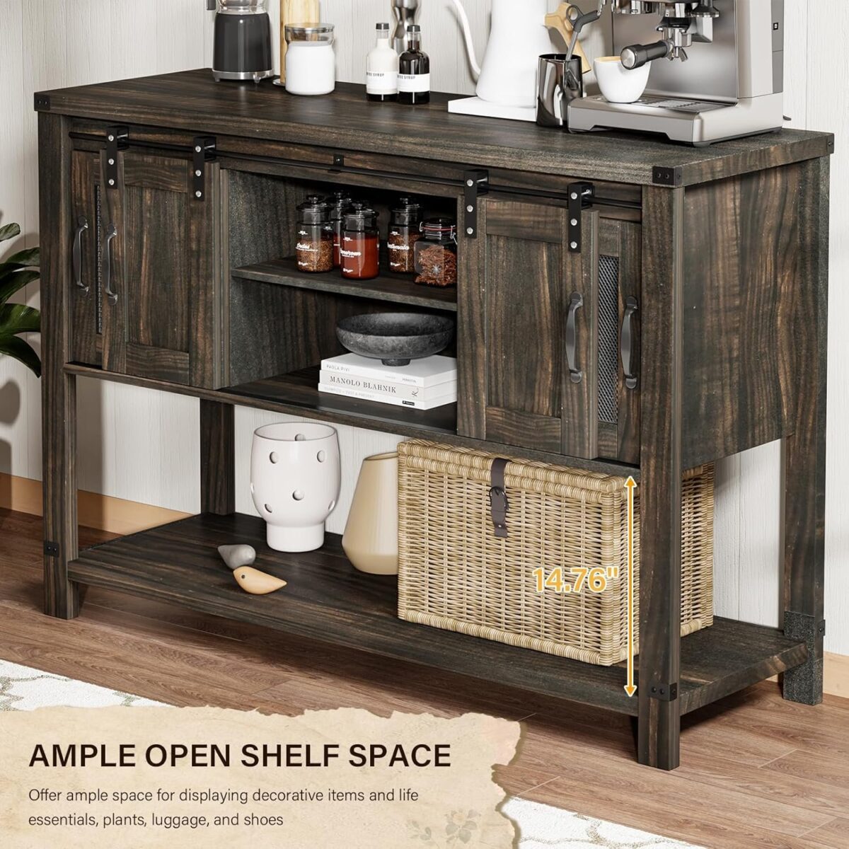 Farmhouse Coffee Bar Cabinet with 2 Sliding Barn Doors, Modern Buffet Sideboard Cabinet with Open Shelf