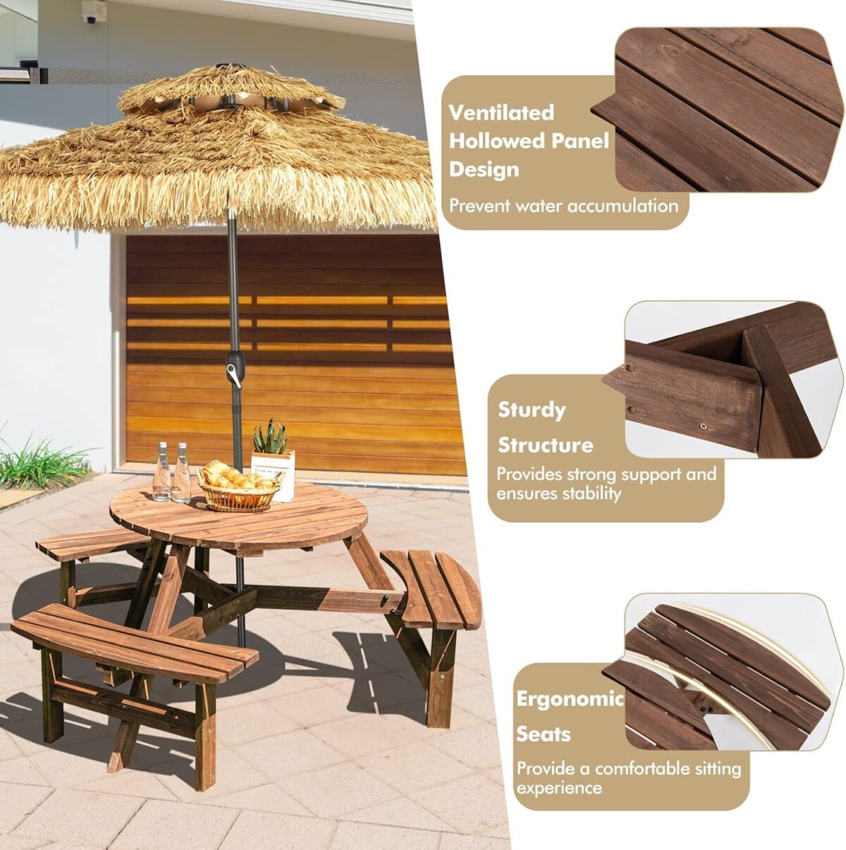 6 Person Wood Picnic Table, Outdoor Round Picnic Table with 3 Built-in Benches, Umbrella Hole