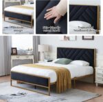 Full Metal Upholstered Bed with Geometric Headboard, Velvet Platform Bed with 10''