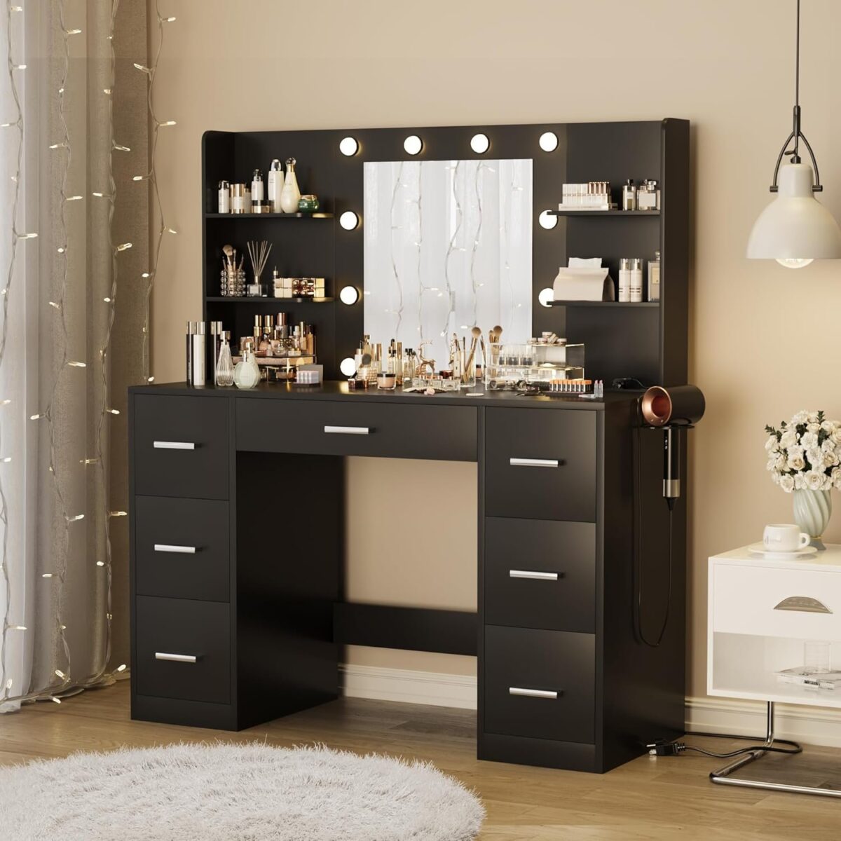 Desk with Mirror, LED Lights and Power Outlet Makeup Vanity Table with 7 Drawers and 6 Storage Shelves