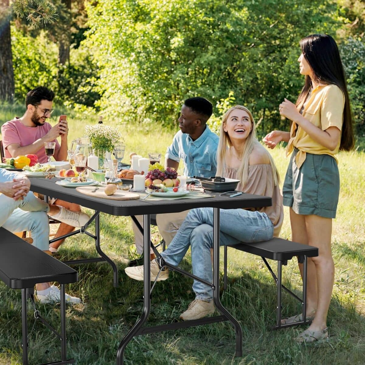 Picnic Table Set with 2 Benches, 6 Feet Camping Table Chair Set, 3-Piece Folding Furniture for Indoor or Outdoor Use