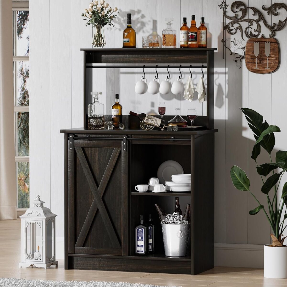 Farmhouse Coffee Bar Cabinet with Hutch, 50’’ Coffee Bar with Sliding Barn Door & 6 Hooks