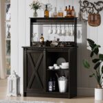 Farmhouse Coffee Bar Cabinet with Hutch, 50’’ Coffee Bar with Sliding Barn Door & 6 Hooks