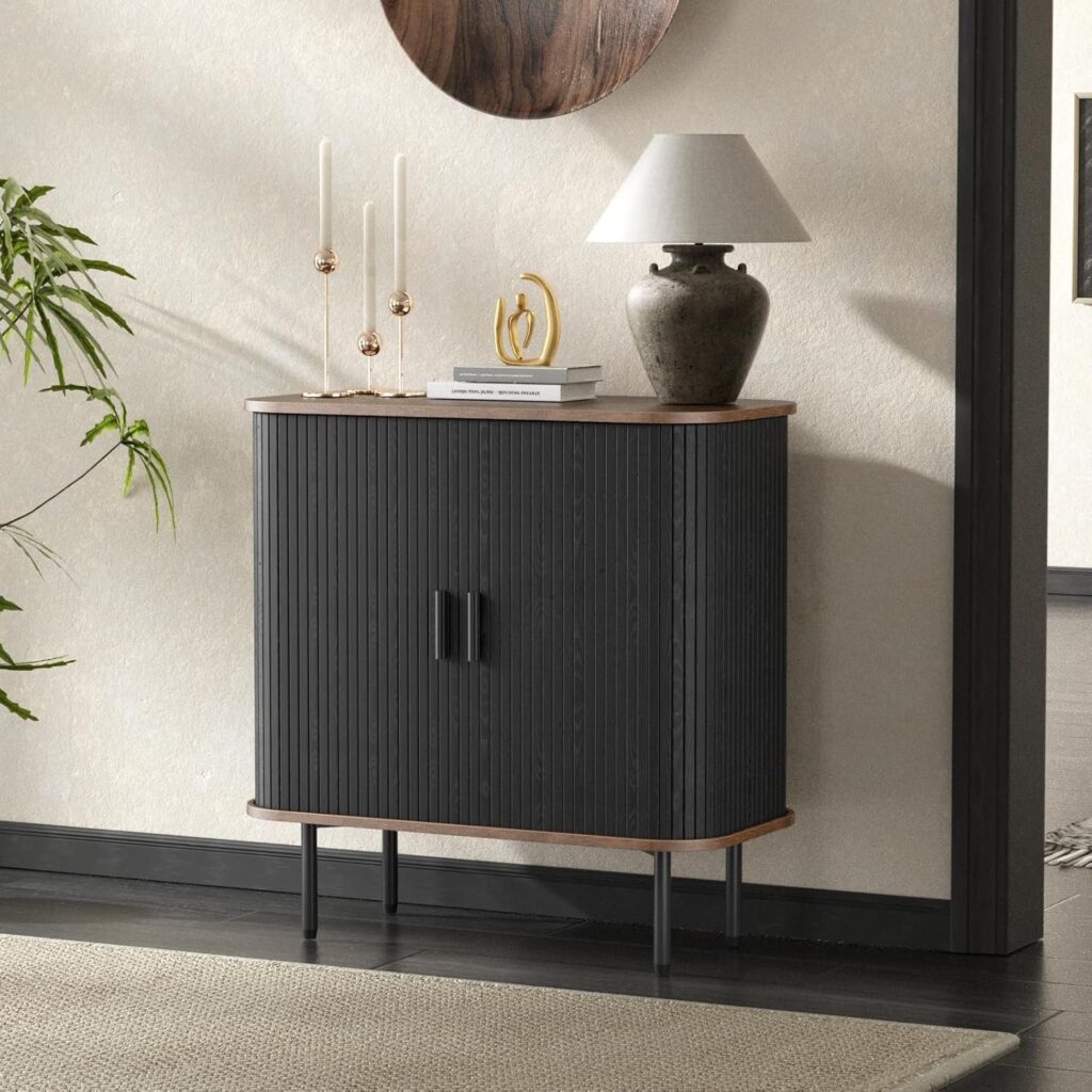 Black Buffet Sideboard Cabinet with Storage, Fluted Storage Cabinet Black with Curvy Edge &