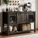 Farmhouse Coffee Bar Cabinet with 2 Sliding Barn Doors, Modern Buffet Sideboard Cabinet with Open Shelf