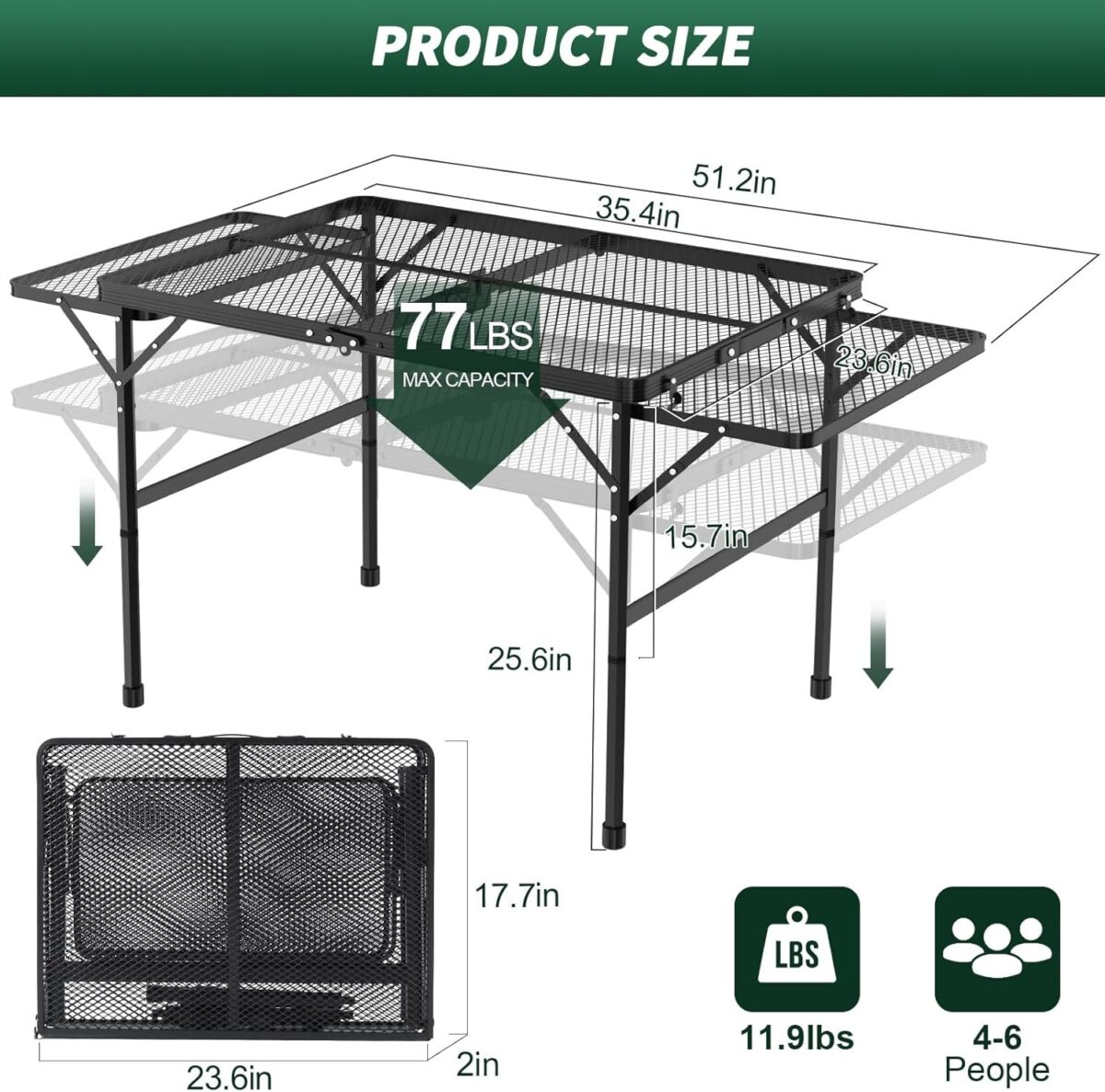 Folding Table with 2 Wing Panels,WildFinder 3x2 FT Camping Table with Mesh Desktop)