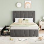 Twin Size Bed Frame with Adjustable Headboard and 2 Storage Drawers, Upholstered Platform Bed Frame