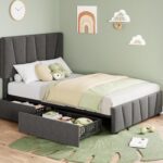 Twin Size Bed Frame with Adjustable Headboard and 2 Storage Drawers, Upholstered Platform Bed Frame