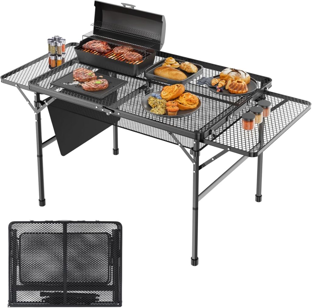 Folding Table with 2 Wing Panels,WildFinder 3x2 FT Camping Table with Mesh Desktop)