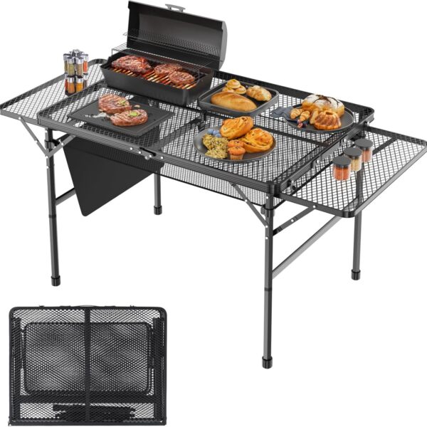 Folding Table with 2 Wing Panels,WildFinder 3x2 FT Camping Table with Mesh Desktop)