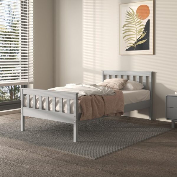 Twin Bed Frames with Headboard, Solid Wooden Platform Bed with Corner, Modern Low Profile Bed Frame